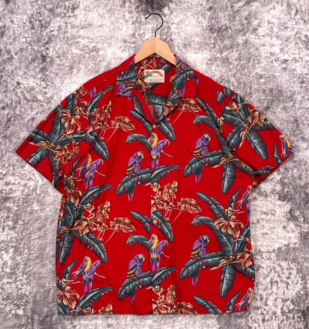 Paradise Found Shirt Large Mens Red Tom Selleck Magnum PI Parrots Hawaiian